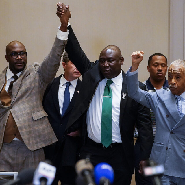 Philonise Floyd, Attorney Ben Crump and the Rev, Al Sharpton, from left, react after a guilty verdict was announced at the trial of former Minneapolis police Officer Derek Chauvin for the 2020 death of George Floyd, Tuesday, April 20, 2021, in Minneapolis, Minn.