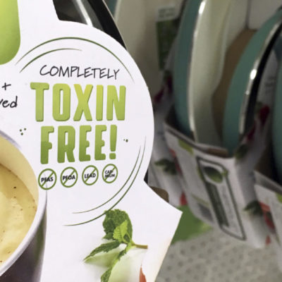 In this June 17, 2019 photo in Washington, a label states that these pans do not contain PFAS.