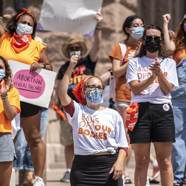 Pro-choice protesters perform outside the Texas State Capitol on Wednesday, Sept. 1, 2021 in Austin, TX.