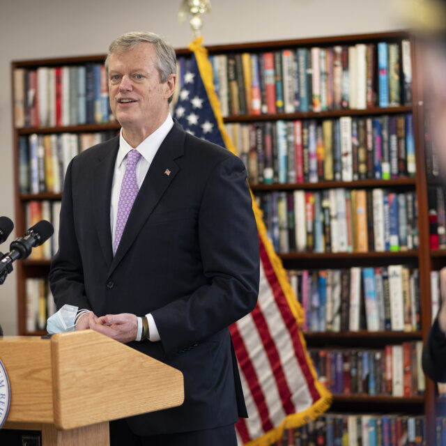 Gov. Charlie Baker provides a COVID-19 update while touring the first responder vaccination site at the Worcester Senior Center on Tuesday, January 12, 2021.