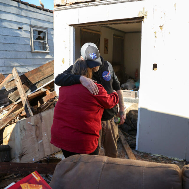 Angela Kirks and Thomas Kirks who lost their house are seen as tornado hit Mayfield, Kentucky, United States on December 12, 2021.