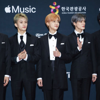 South Korean K-Pop boys group NCT U, attend a photo call for the '2021 Mnet Asian Music Awards' at CJ ENN Studio in Paju, South Korea on December 11, 2021.