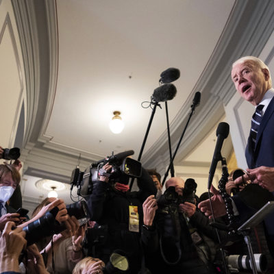President Joe Biden speaks to media after leaving a lunch meeting with Senate Democrats where they discussed voting rights and filibuster reform, in Washington, D.C