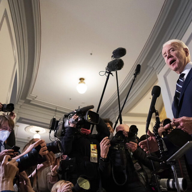 President Joe Biden speaks to media after leaving a lunch meeting with Senate Democrats where they discussed voting rights and filibuster reform, in Washington, D.C