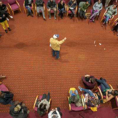 Anti-vaccine mandate protesters gather during a Portland Public Schools board meeting to discuss a proposed vaccine mandate for students on October 26, 2021 in Portland, Oregon.
