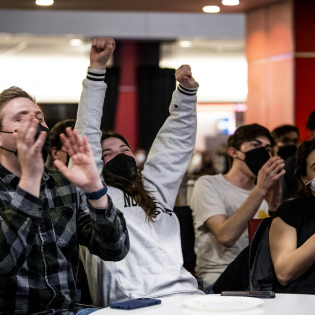 A watch party is held in the Northeastern Curry Student center for student Liz Feltner as she competes in the finals of Jeopardy on Feb. 22, 2022.
