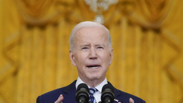President Joe Biden speaks about the Russian invasion of Ukraine in the East Room of the White House, Thursday, Feb. 24, 2022, in Washington.