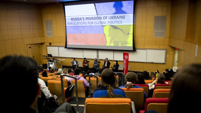 A panel discussion is held in Northeastern’s West Village on Russia’s invasion of Ukraine and the implications for global politics on Tuesday, March 8, 2022.