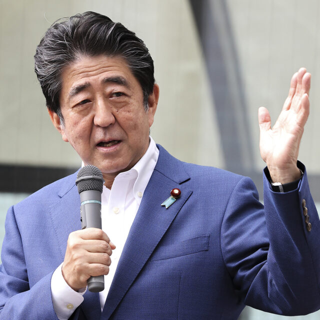 Japan's national election for the House of Councillors, July 10, 2012. Shinzo Abe, former Prime Minister of Japan, delivers a speech at Yokohama Station, Yokohama City, Kanagawa Prefecture. on July 6 2022 in Tokyo, Japan.