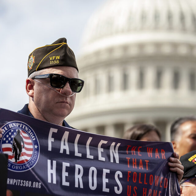 Military veterans and families affected by burn pit exposure and Congresspeople hold a press conference condemning Republican Senators for defeating the Honoring Our PACT Act. The legislation would have established a connection between military service and exposure to toxins via burn pits, easing access to healthcare for veterans and active duty members. The bill originally passed the Senate with 84 votes, but Republican Senators later objected, claiming it contained unrelated spending.