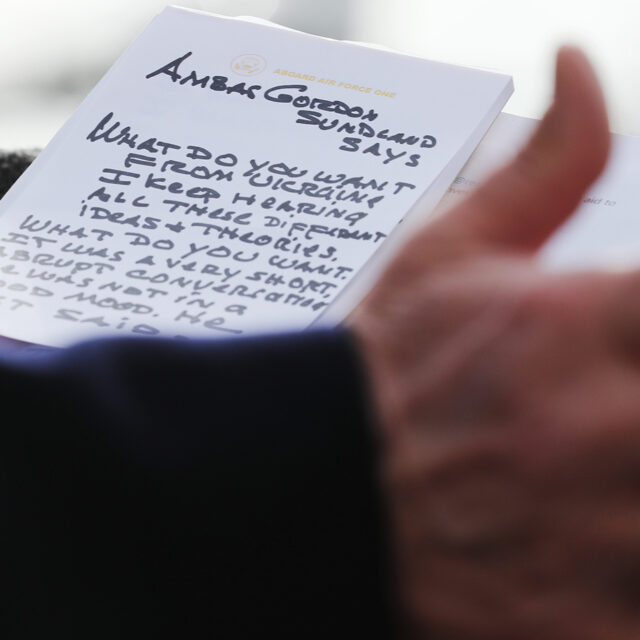 WASHINGTON, DC - NOVEMBER 20: U.S. President Donald Trump holds his notes while speaking to the media before departing from the White House on November 20, 2019 in Washington, DC. President Trump spoke about the impeachment inquiry hearings currently taking place on Capitol Hill.