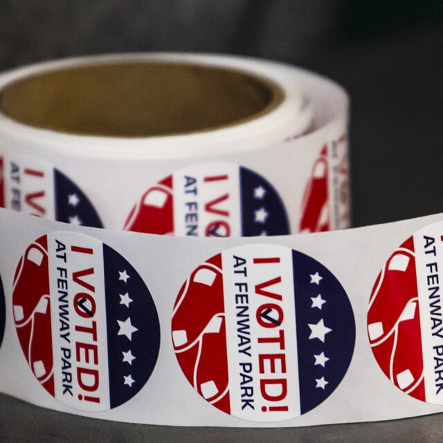 BOSTON, MA - OCTOBER 17: Stickers are shown at the ballpark which is being used as an early voting center ahead of the 2020 presidential election on October 17, 2020 at Fenway Park in Boston, Massachusetts.