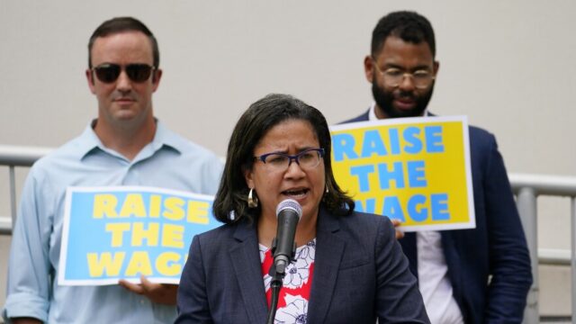 Pennsylvania state Rep. Donna Bullock speaks during a rally to raise the state minimum wage at Sharon Baptist Church, Friday, July 9, 2021, in Philadelphia.