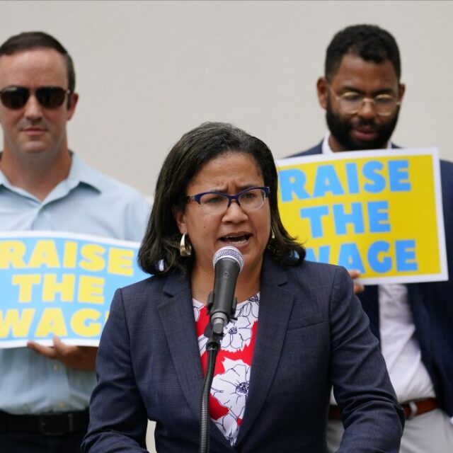Pennsylvania state Rep. Donna Bullock speaks during a rally to raise the state minimum wage at Sharon Baptist Church, Friday, July 9, 2021, in Philadelphia.