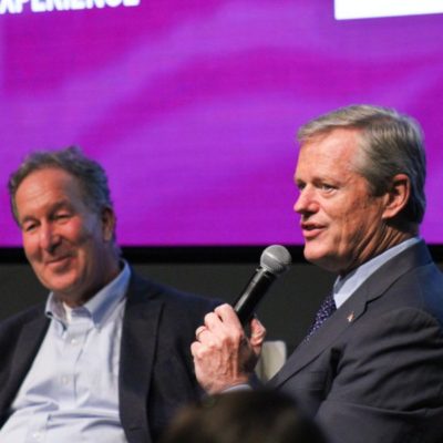 Massachusetts Gov. Charlie Baker speaks Sept. 21 at the Interdisciplinary Science and Engineering Center. He was joined by his former chief of staff Steve Kadish to talk about their co-written book, “Results.”