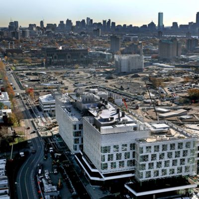 This aerial view of construction in Allston has Harvard's new Science and Engineering Complex in the foreground.