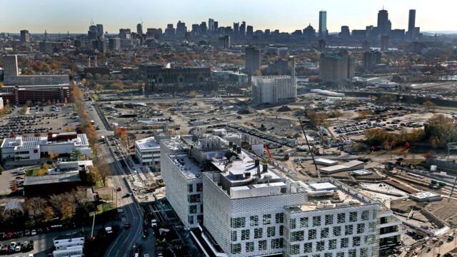 This aerial view of construction in Allston has Harvard's new Science and Engineering Complex in the foreground.