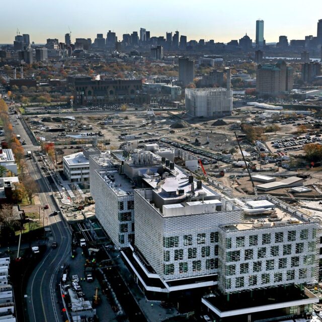 This aerial view of construction in Allston has Harvard's new Science and Engineering Complex in the foreground.