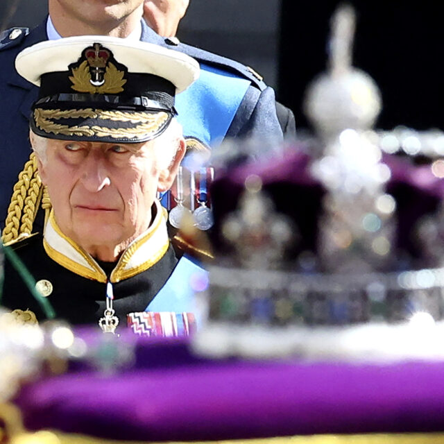 Britain's King Charles III leaves after attending the state funeral of Queen Elizabeth II, at the Westminster Abbey in London Monday, Sept. 19, 2022.