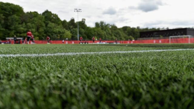 Artificial turf is seen during a training session at Richcraft Recreation Center on June 1, 2015 in Ottawa, Canada. The synthetic grass has become a topic of debate amid concerns about PFAS exposure.