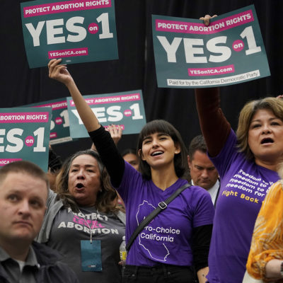 Supporters of the YES on Proposition 1 hold a rally at Long Beach City College in Long Beach, Calif., Sunday, Nov. 6, 2022. Californians are voting now through Election Day Tuesday, Nov. 8, on a constitutional amendment guaranteeing the right to abortion and contraception. Proposition 1 is among several measures on state ballots to address reproductive health care following the U.S. Supreme Court's overturning of Roe v. Wade. (