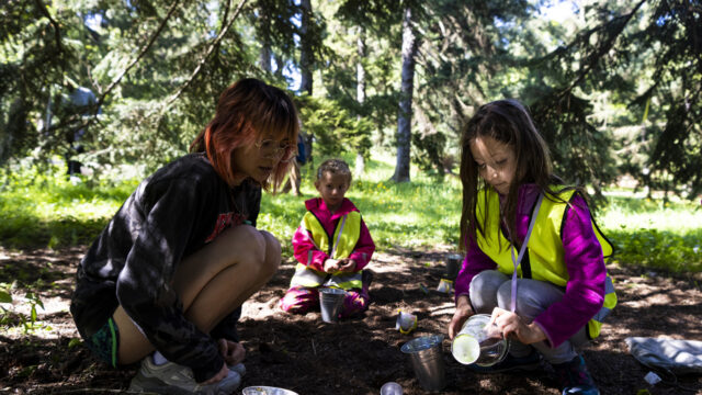 Northeastern students visit the Boston Outdoor Preschool in the Arnold Arboretum during the Science of play class on Thursday, May 19, 2023.