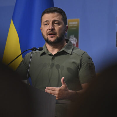 VILNIUS, LITHUANIA - JUNE 12, 2023: President of Ukraine Volodymyr Zelenskyy seen during a joint press conference with the Secretary General of NATO Jens Stoltenberg on the second day of the 2023 NATO Summit in Vilnius, Lithuania, on July 12, 2023. (Photo by Artur Widak/NurPhoto via AP)