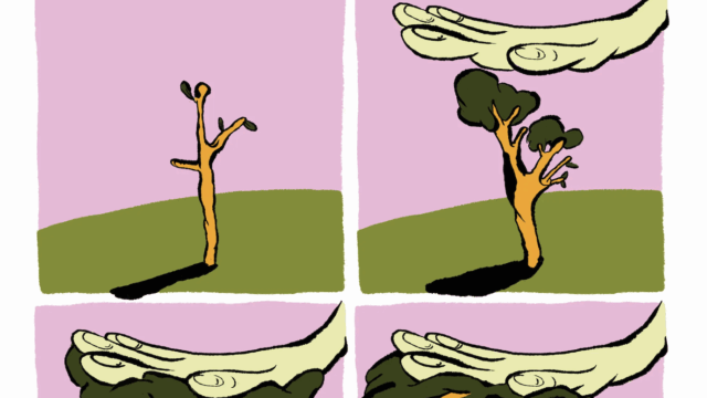 Art of tree growing, but a hand eventually stops it from getting taller.