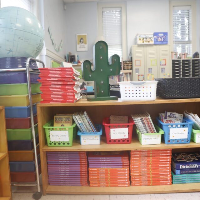 A classroom supplies shelf.