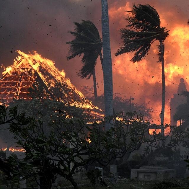 The hall of historic Waiola Church in Lahaina and nearby Lahaina Hongwanji Mission are engulfed in flames along Wainee Street on Tuesday, Aug. 8, 2023, in Lahaina, Hawaii.