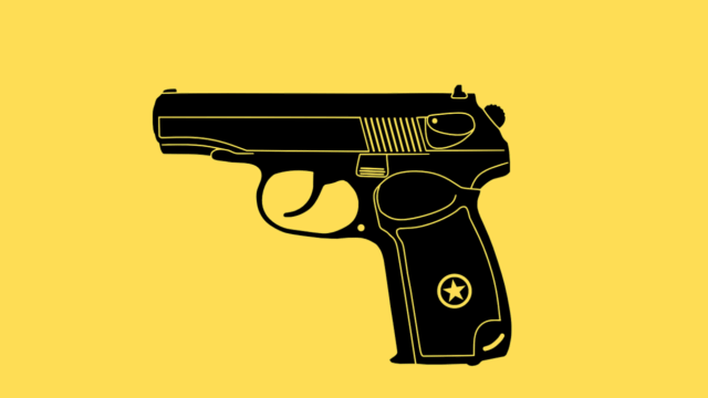 Illustration of a black gun with a yellow background.