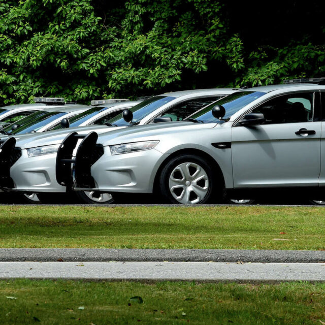 Police cruisers at the Connecticut State Police Troop F headquarters in Westbrook