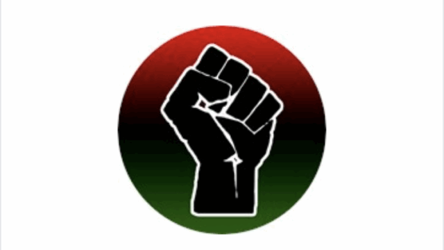 A black fist in a green/red gradient circle.