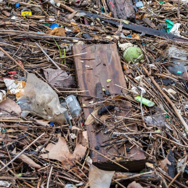 Plastics and other trash littered a salt marsh in Chelsea in April.