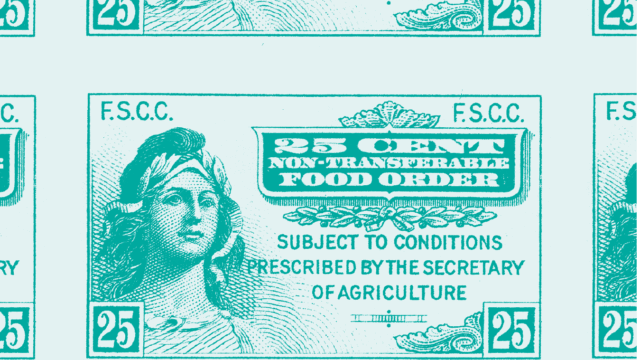 Colorized photograph of the first food stamp, 1939. An illustration of a woman is paired next to text that reads 