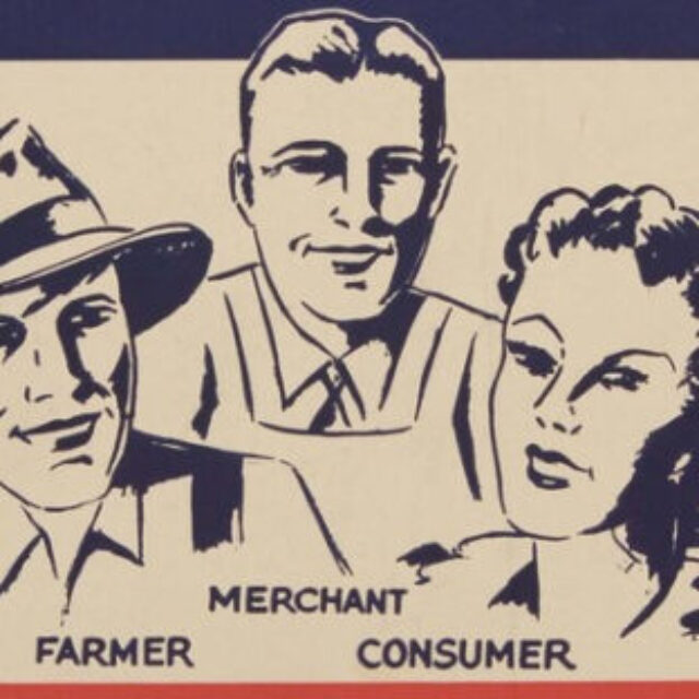 Sketch of a farmer (right), merchant (middle), and consumer (right). Each role is captioned.