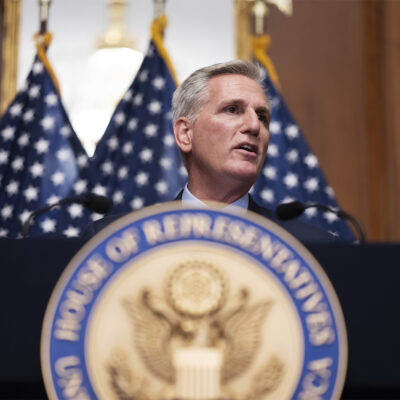 Former House Speaker Kevin McCarthy (R-CA) speaks to reporters after being outed from his position as House Speaker earlier in the day at the US Capitol in Washington, D.C., on Tuesday, October 03, 2023.