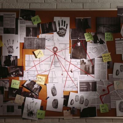 A bulletin board plastered with photos from crime scenes. Red string connects photos to post it notes discussing clues.