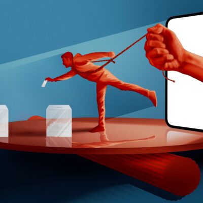 Artwork of a man attempting to cast a ballot, but is being pulled back by a massive hand coming out of a phone. The man is tied up with ropes, connecting him with the hand.