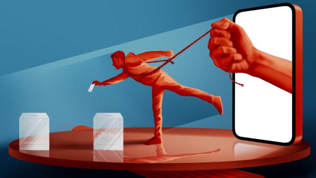 Artwork of a man attempting to cast a ballot, but is being pulled back by a massive hand coming out of a phone. The man is tied up with ropes, connecting him with the hand.