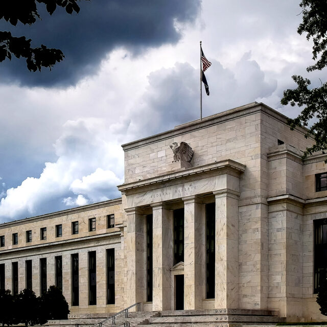 The exterior of the federal reserve building in Washington, DC.