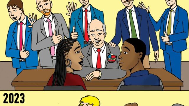 Political cartoon of politicians paying to People of Color in 2020 during election season, then ignoring their commitments in 2023.