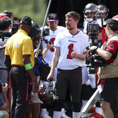 YouTuber Mr. Beast leads the Tampa Bay Buccaneers out of the tunnel prior to an NFL football game against the Atlanta Falcons, Sunday, Oct. 22, 2023 in Tampa, Fla.
