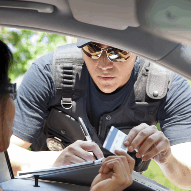 Policeman stops woman driver to give her a traffic ticket for speeding. He takes her driver's license.