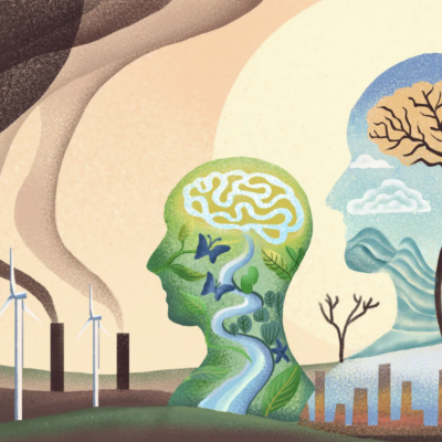Illustration by Renee Zhang/Northeastern University. Illustration of two human heads with brains decorated as trees, waterways, butterflies, with nature landscape in the background depicting pollution from buldings.