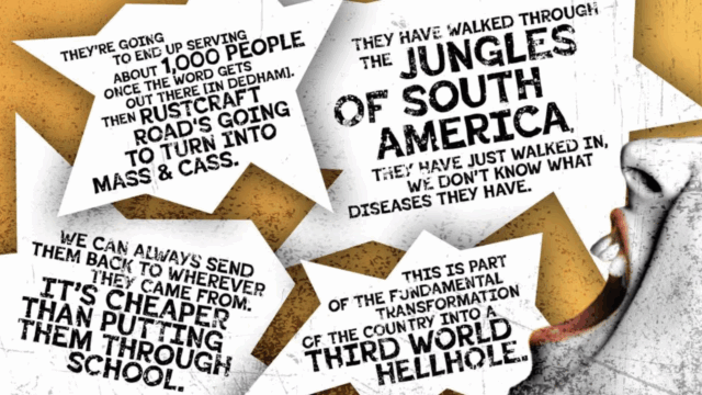 graphic with speech bubbles full of anti-migrant rhetoric with a mouth graphic shouting the bubbles.