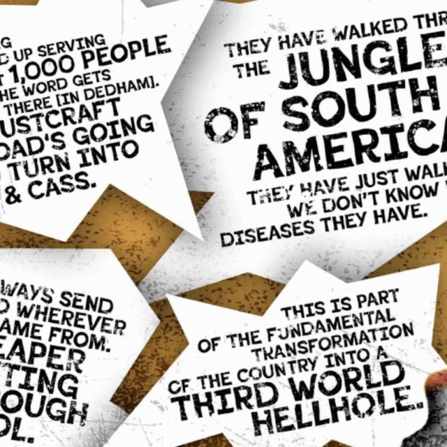 graphic with speech bubbles full of anti-migrant rhetoric with a mouth graphic shouting the bubbles.