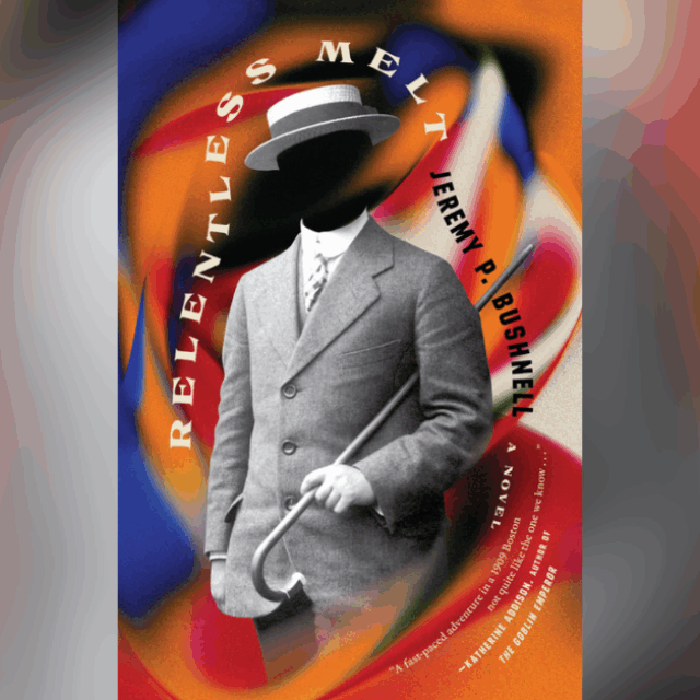 image of relentless melt book cover with faceless man with grey suit jacket and fedora with orange and red background