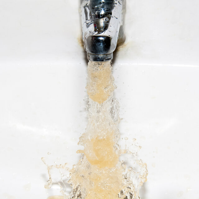 image of dirty brown water coming out of silver, slightly rusted faucet