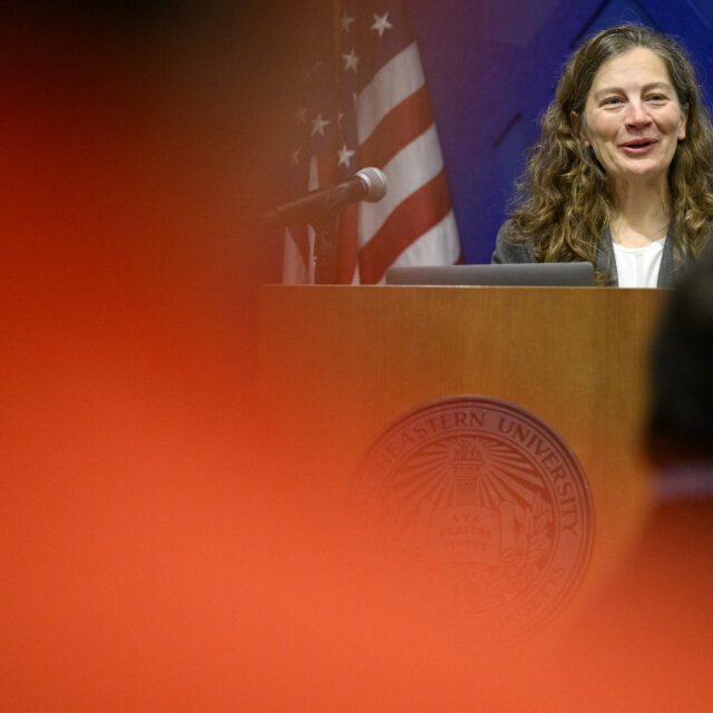 image of Northeastern professor Ozlem Ergun, COE distinguished professor and associate chair for graduate affairs, mechanical and industrial engineering speaking during The Algorithmic Workplace event held in the John D. O’Bryant African American Institute on May 16, 2024.